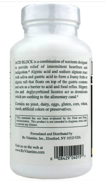 Rx Vitamins For Human Acid Block Indigestion Support 60 Chew Tablets bottle with product details and ingredients.
