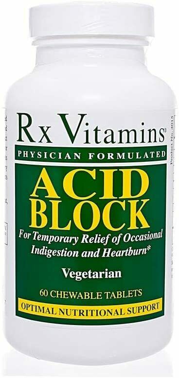 Rx Vitamins For Human Acid Block Indigestion Support bottle of 60 chewable tablets for digestive comfort.