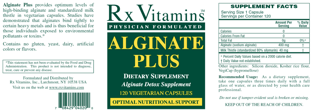 Rx Vitamins Alginate Plus 120 Capsules Digestive Support Supplement Facts and Ingredients Label