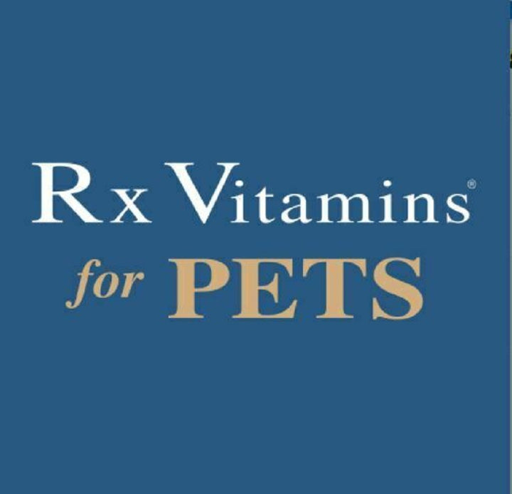 Rx Vitamins For Pets logo on blue background promoting pet health and wellness