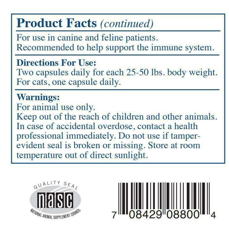 Product facts and directions for Rx Vitamins for Pets Immuno Support for dogs and cats.