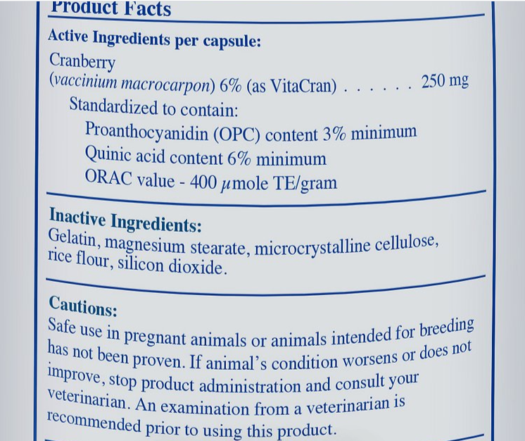 Rx Vitamins For Pets Cranberry Rx UTI Treatment product facts including active and inactive ingredients.