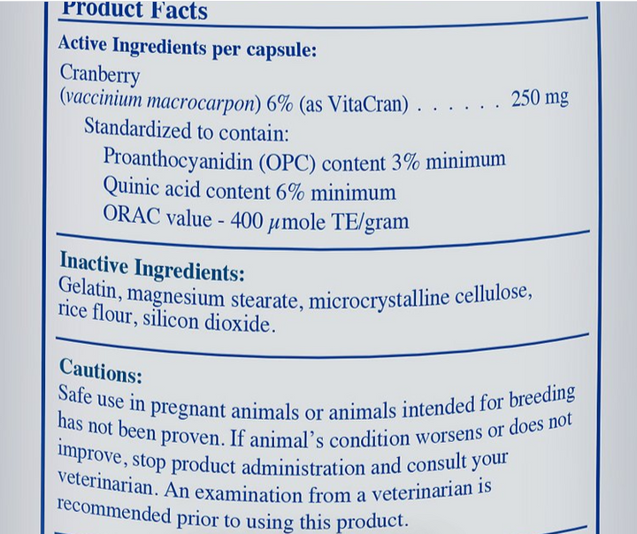 Rx Vitamins For Pets Cranberry Rx UTI Treatment product facts including active and inactive ingredients.