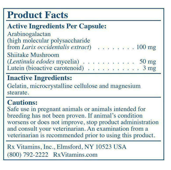 Rx Vitamins for Pets Immuno Support Supplement Facts including active and inactive ingredients per capsule.