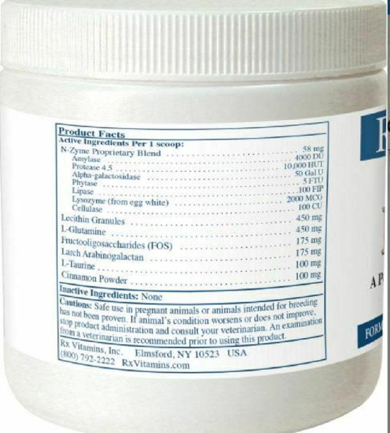 Rx Vitamins For Pets Rx Zyme Powder 120g digestive support ingredients list on the product container.