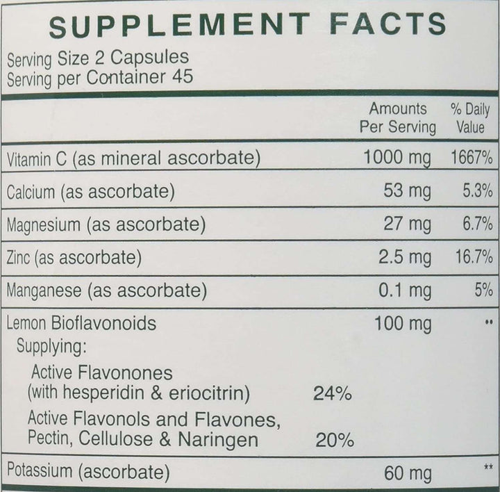 Rx Vitamins Buffered C 500 Mg 90 Capsules supplement facts panel showing Vitamin C and bioflavonoids