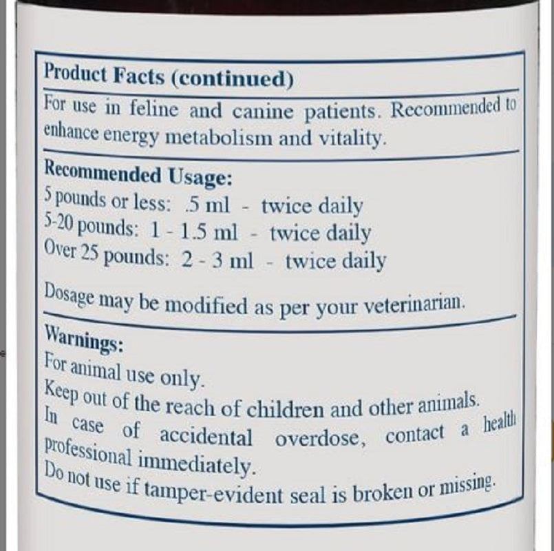 Rx Vitamins For Pets Amino B Plex usage instructions and warnings for dogs and cats on the label.