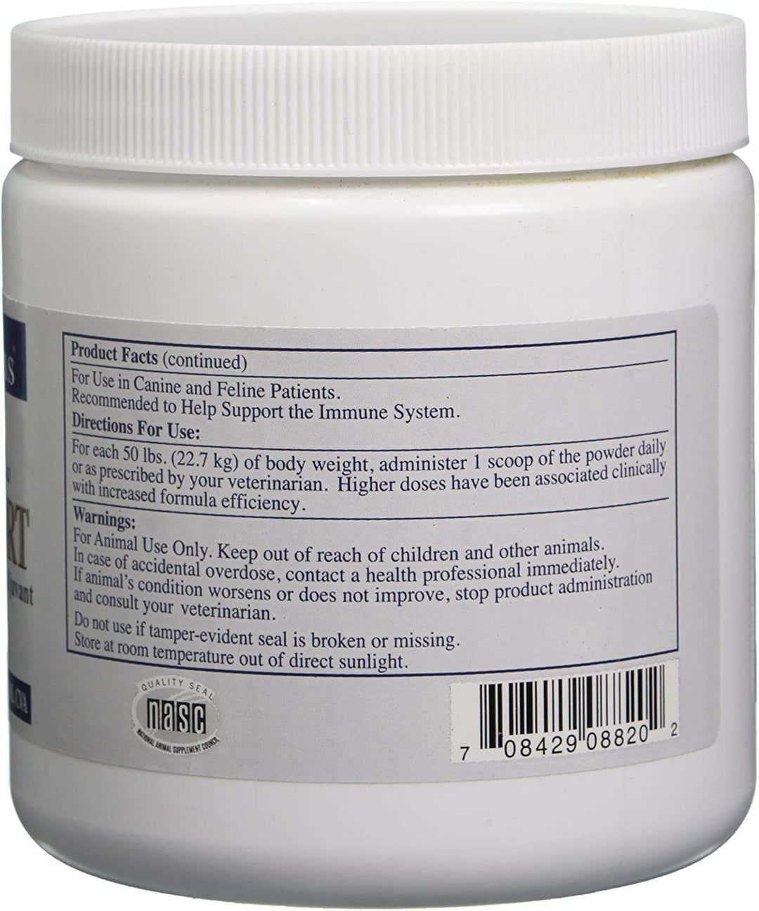 Rx Vitamins For Pets Onco Support 300g container with product facts and usage directions for immune support in pets.