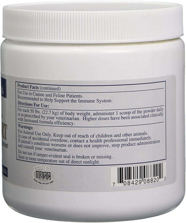 Rx Vitamins For Pets Onco Support 300g container with product facts and usage directions for immune support in pets.