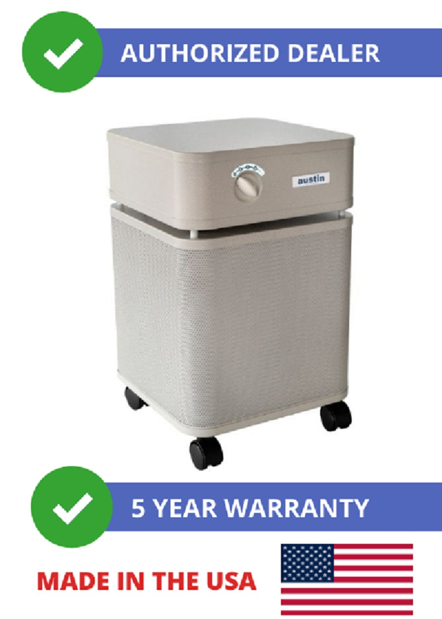 Austin Air HEPA Healthmate Plus Machine HM450 Sandstone with 5 year warranty and authorized dealer badge.