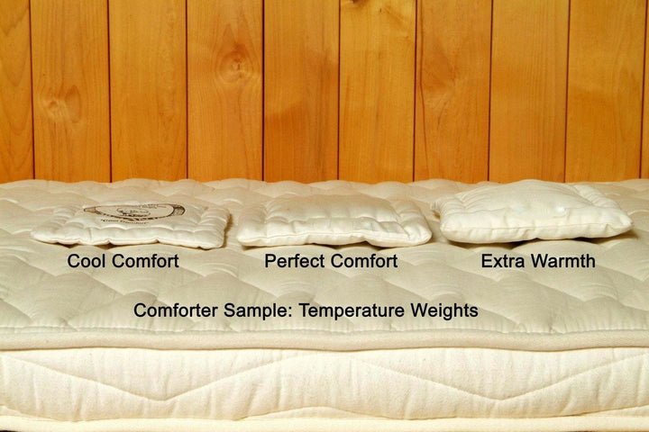 Holy Lamb Organics Comforter temperature weights showing Cool Comfort, Perfect Comfort, and Extra Warmth.