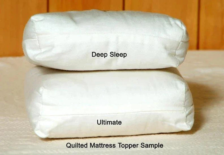 Deep Sleep and Ultimate quilted mattress topper sample pillows for Holy Lamb Organics.