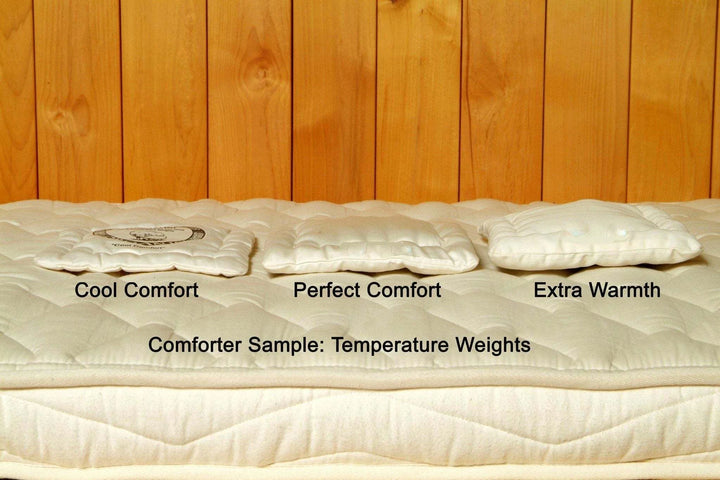 Holy Lamb Organics Comforter temperature weight samples including Cool Comfort, Perfect Comfort, and Extra Warmth.