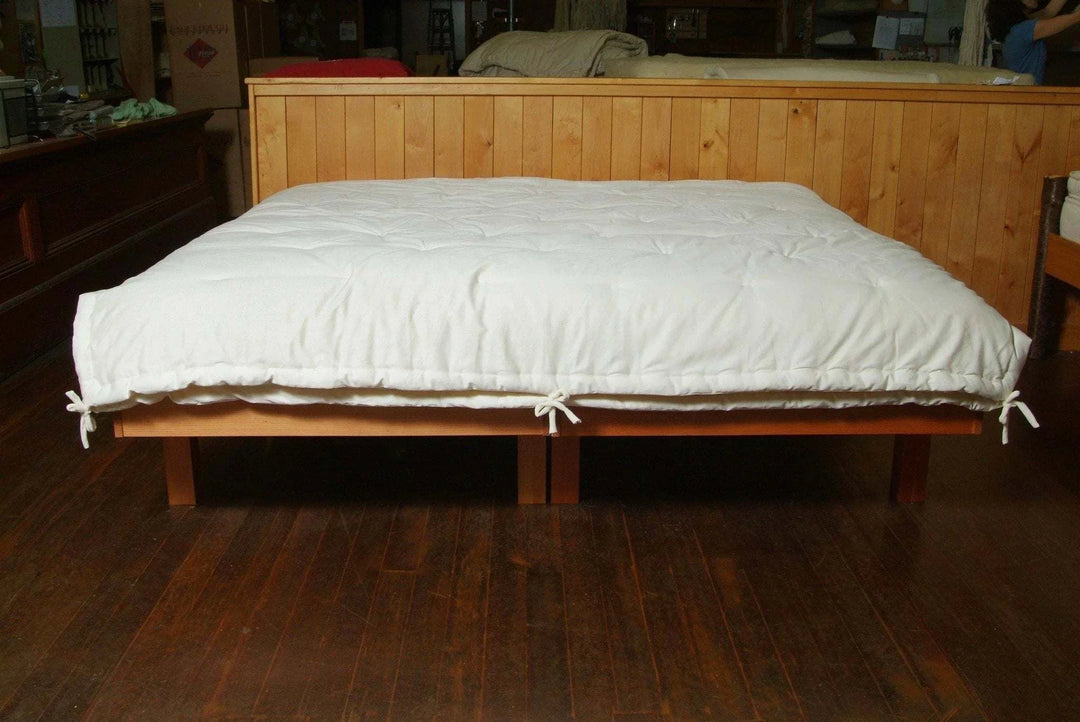 Holy Lamb Organics Comforter Eco Wool All Season Full/Queen 86” x 86” on a wooden bed frame