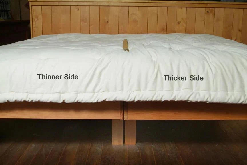 Holy Lamb Organics Comforter displayed, showing thinner side and thicker side labeled on a wooden bed.