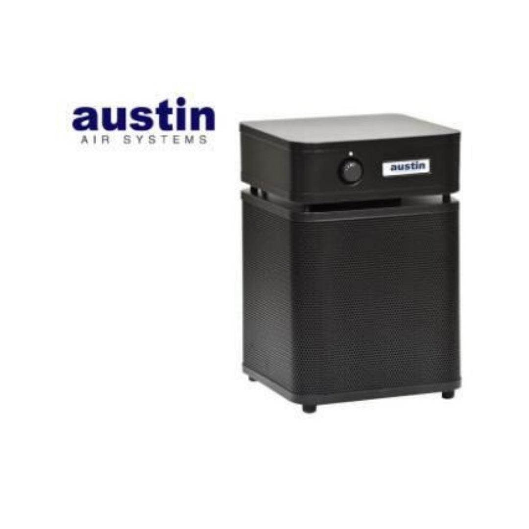 Austin Air HealthMate Standard HM400 HEPA air cleaner in black showcasing its design and features.