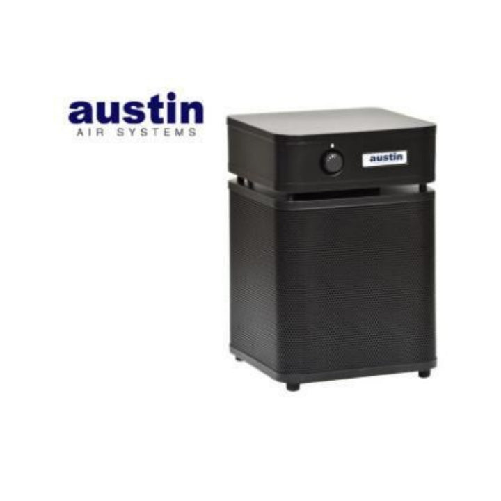 Austin Air HealthMate Standard HM400 HEPA air cleaner in black showcasing its design and features.