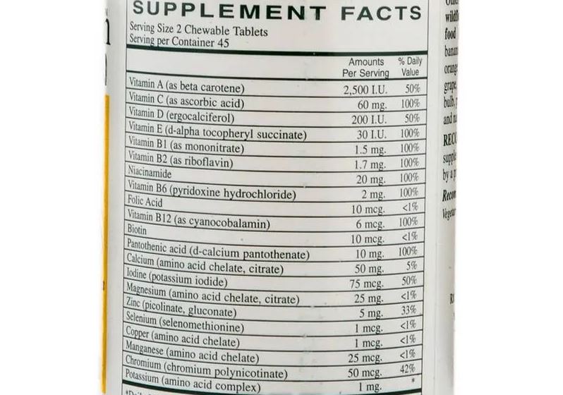 Supplement facts for Rx Vitamins Children's Multi Vitamin 90 Chewable Tablets Grape Flavor listing vitamins and minerals.