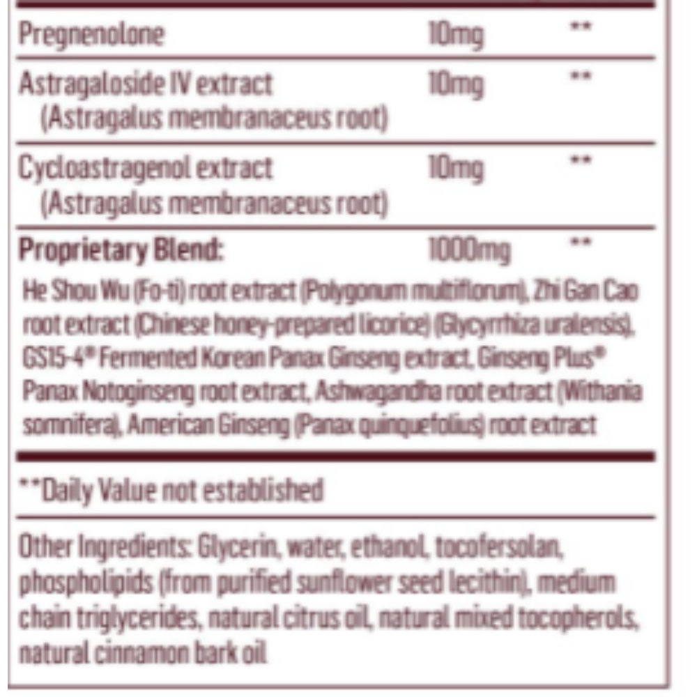 Ingredients list for Quicksilver Scientific Longevity Elite Adaptogen Tonic, featuring pregnenolone and various adaptogenic extracts.