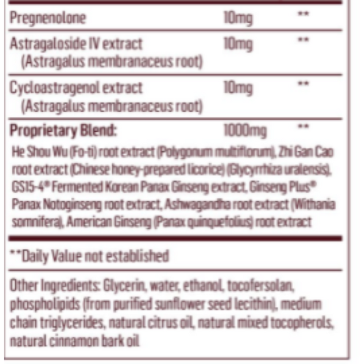 Ingredients list for Quicksilver Scientific Longevity Elite Adaptogen Tonic, featuring pregnenolone and various adaptogenic extracts.