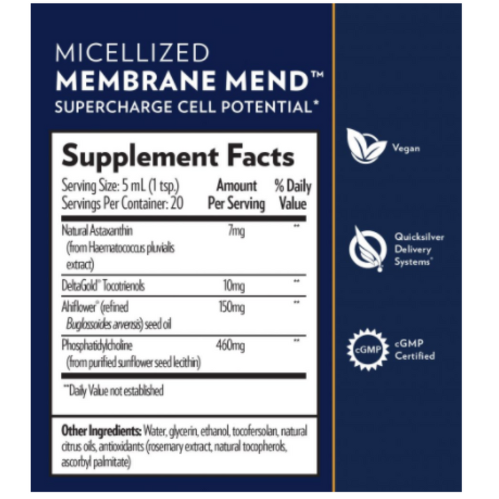 Supplement facts for Quicksilver Scientific Membrane Mend, highlighting ingredients like Astaxanthin and Phosphatidylcholine.