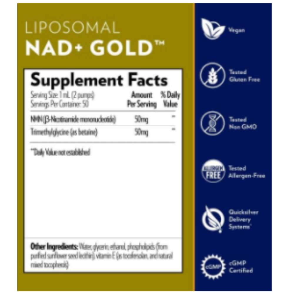 Liposomal NAD+ Gold TMG supplement facts and certifications.