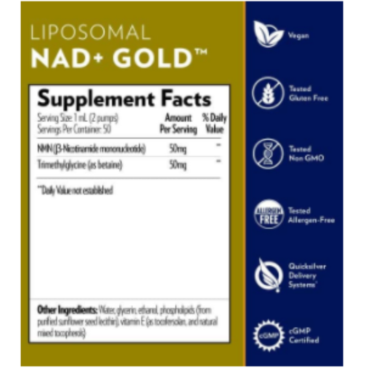 Quicksilver Scientific NAD+ Gold TMG supplement facts label, 50 ml.
