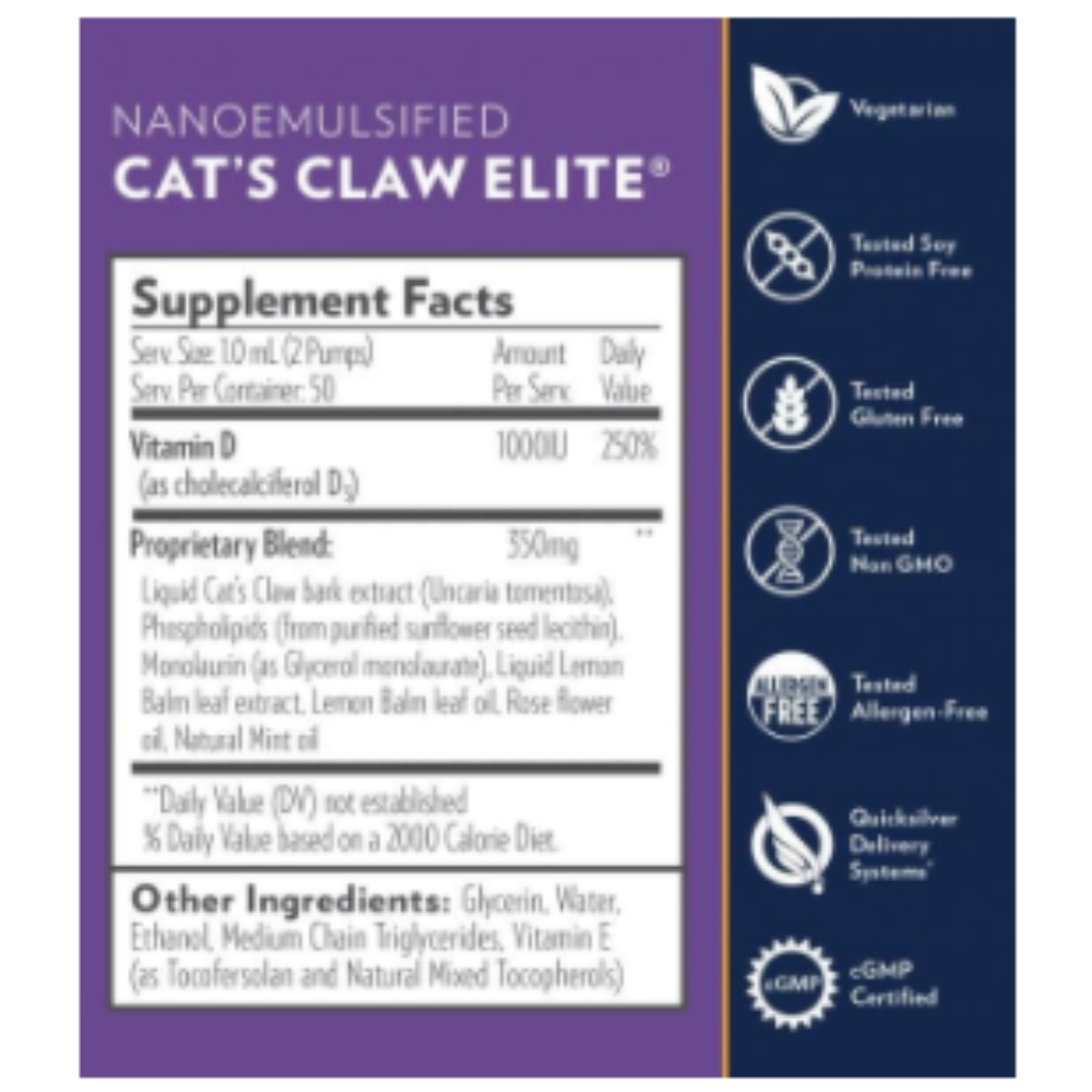 Quicksilver Scientific Nanoemulsified Cat's Claw Elite 50 ML, immune support ingredients and supplement facts, 3 pack.