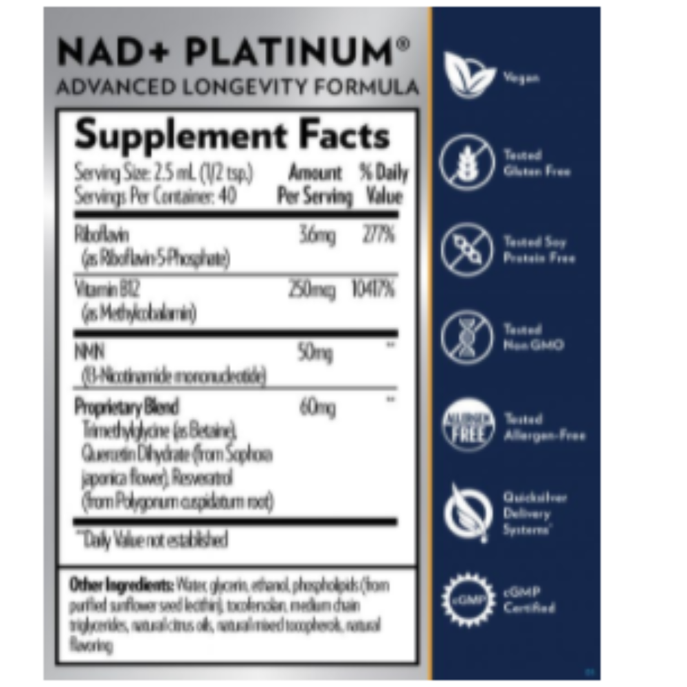Quicksilver Scientific NAD+PLATINUM supplement facts and product features; vegan, gluten-free, soy protein-free, non-GMO.