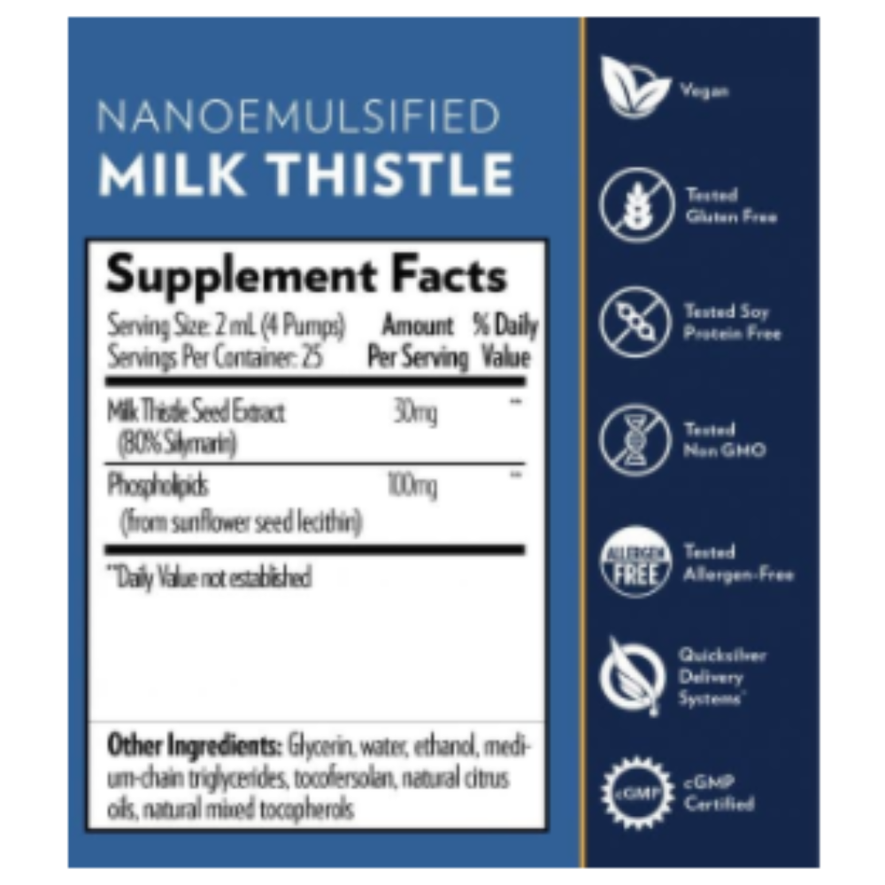 Quicksilver Scientific Nanoemulsified Milk Thistle MILKTHISTLE 2 PACK supplement facts label displaying ingredients and dietary information.