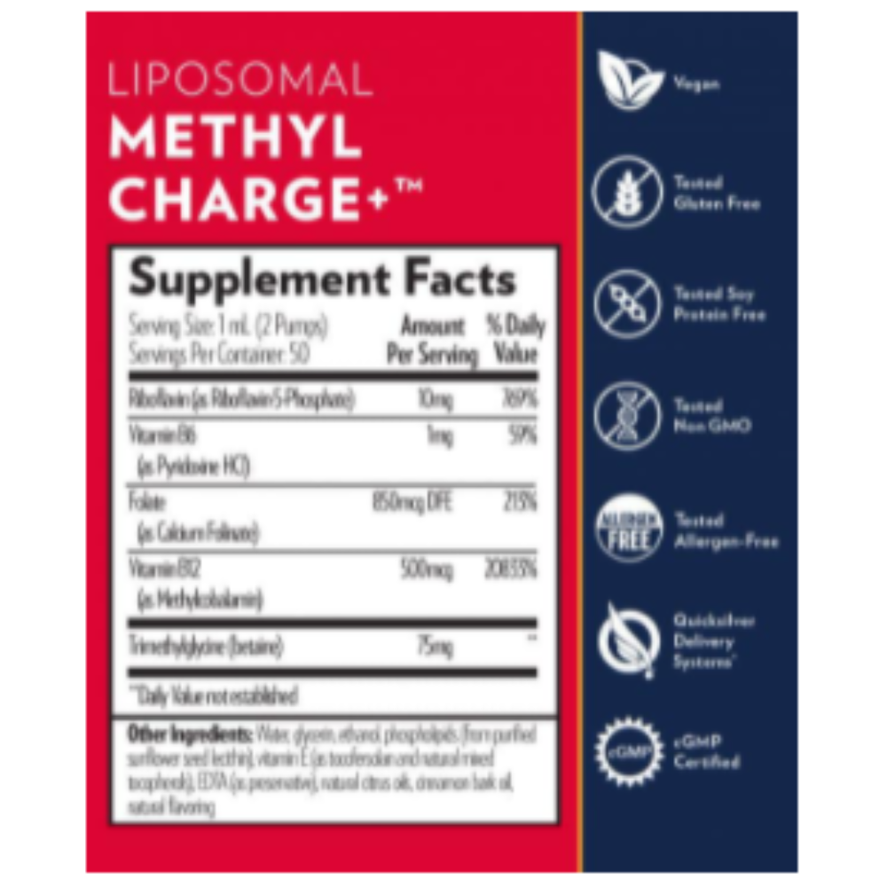 Quicksilver Scientific Methyl Charge+ supplement facts and benefits, featuring ingredients and certifications for methylation support.