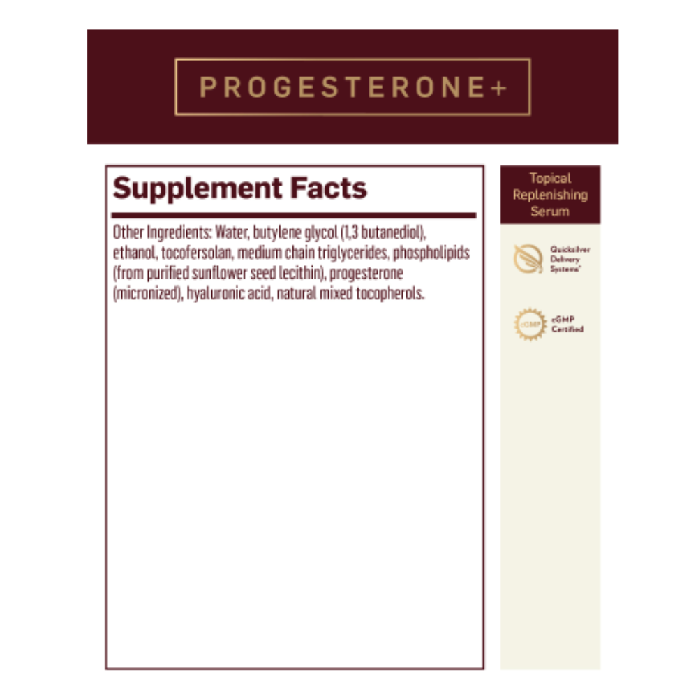 Quicksilver Scientific Progesterone+ Topical Replenishing Serum packaging showing supplement facts.