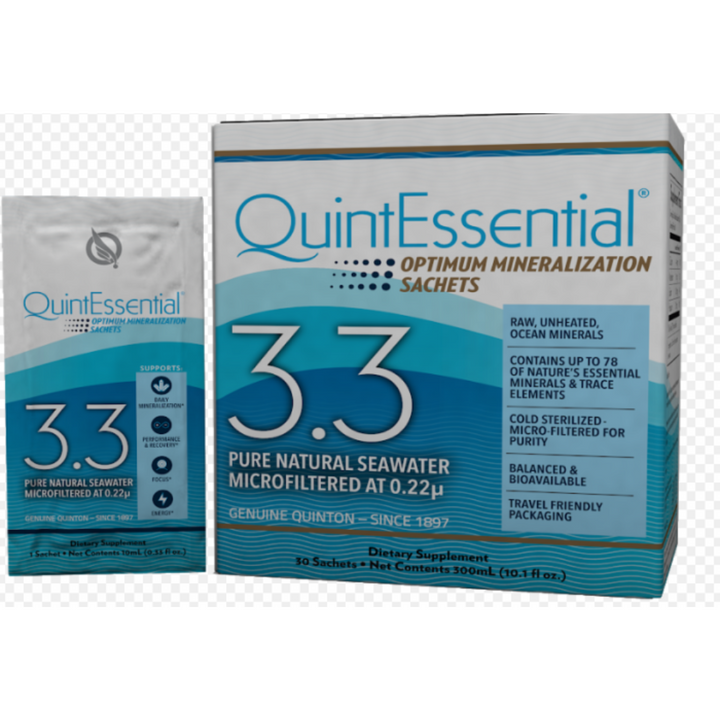 Quicksilver Scientific QuinEssential 3.3 pure seawater sachets, 3-pack for hydration and mineral replenishment.