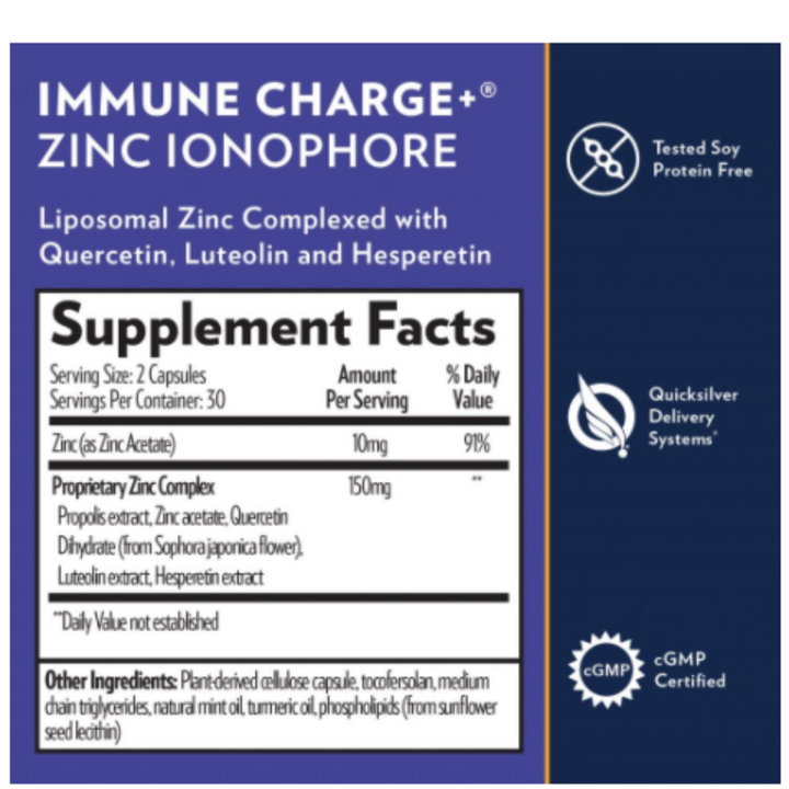 Quicksilver Scientific Immune Charge+ Zinc Ionophore supplement facts label detailing liposomal zinc, quercetin, luteolin, and hesperidin ingredients.
