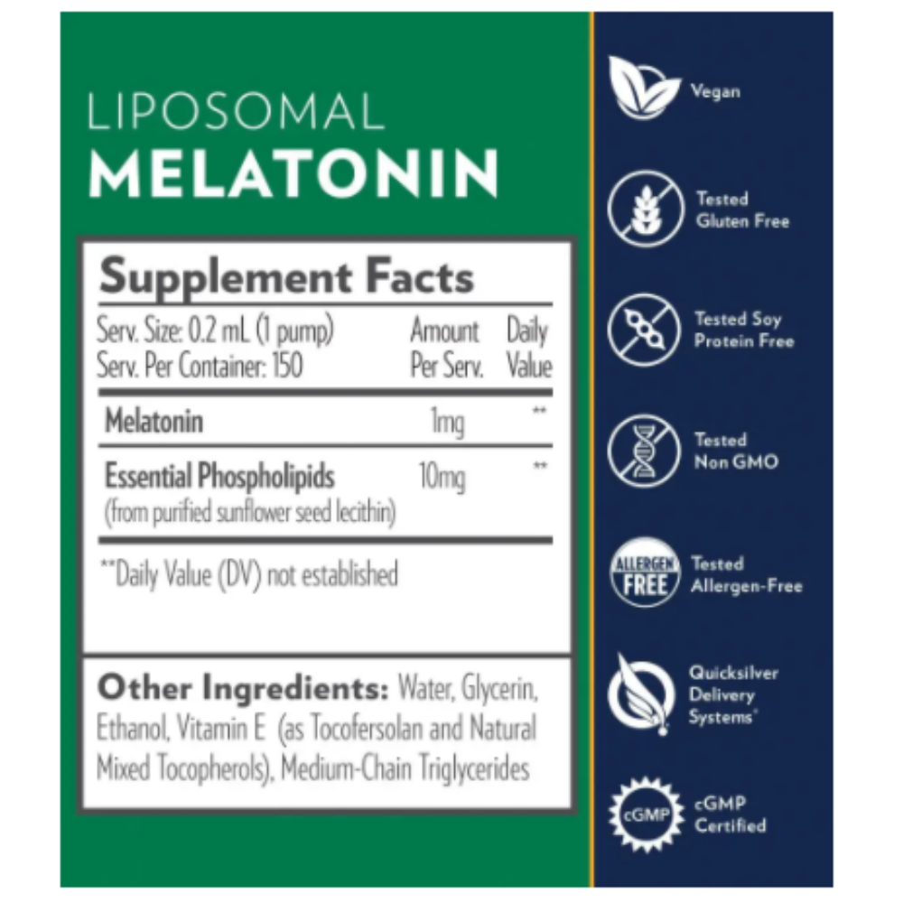 Quicksilver Scientific Liposomal Melatonin supplement facts and features including vegan, allergen-free, and cGMP certified.