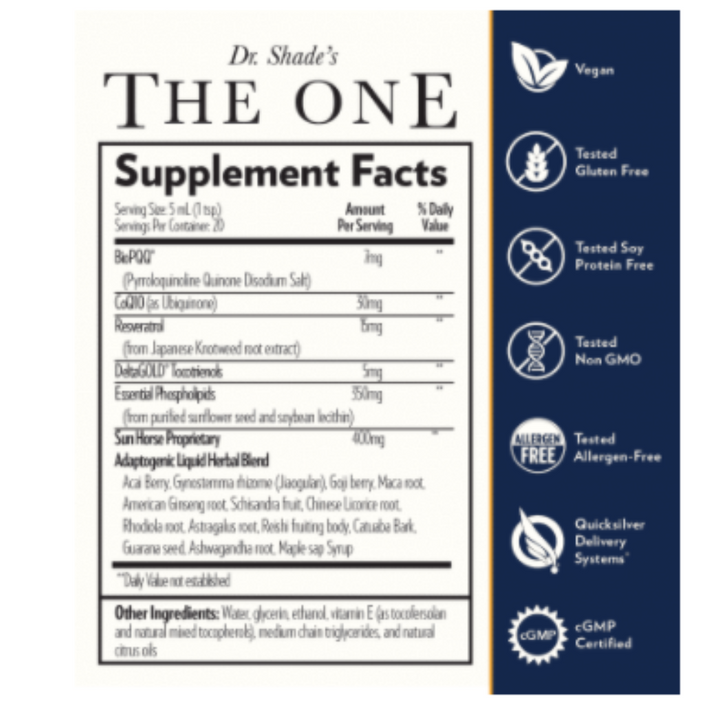 Quicksilver Scientific The One supplement label showing ingredients and certifications like Vegan, Gluten-Free, and Non-GMO.