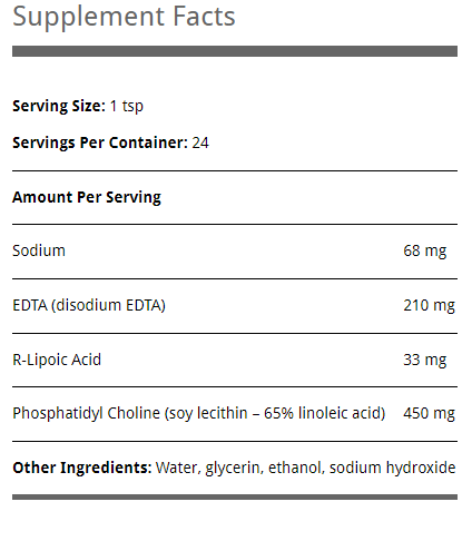 Supplement facts for Quicksilver Scientific EDTA + R-Lipoic Acid Etheric Delivery, serving size 1 tsp, 24 servings per container, includes sodium, EDTA, R-Lipoic Acid, and phosphatidyl choline.