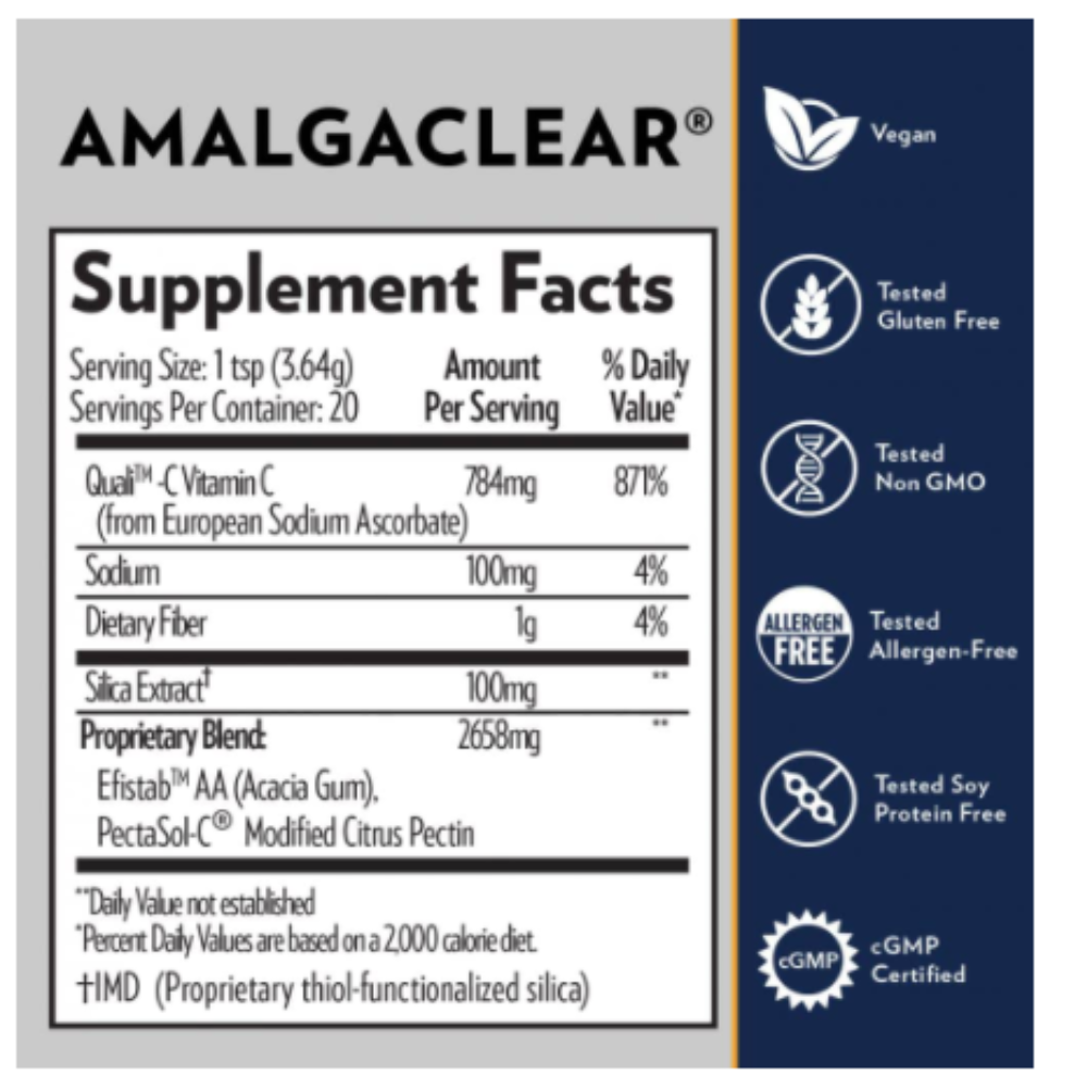 Supplement facts for Amalgaclear by Quicksilver Scientific, including vitamin C, sodium, dietary fiber, proprietary blend, vegan and gluten-free certifications.