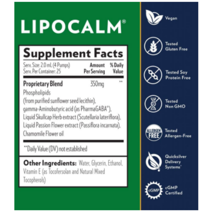 Quicksilver Scientific Liposomal LipoCalm label, vegan, gluten-free, soy-free, non-GMO, allergen-free, cGMP certified, 25 servings.