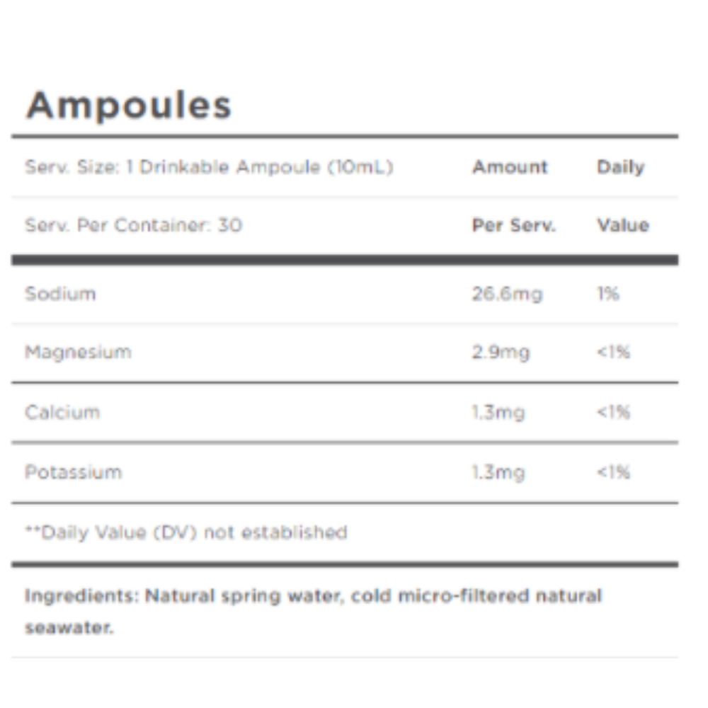 Nutritional information for Quicksilver Scientific Quinton Hypertonic 30 Vials, showing sodium, magnesium, calcium, and potassium content per serving.