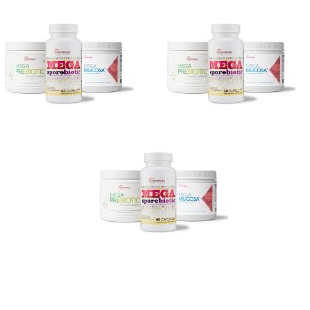 Microbiome Labs Total Gut Restoration Program Kit featuring Mega Prebiotic, Mega Sporebiotic, and Mega Mucosa.