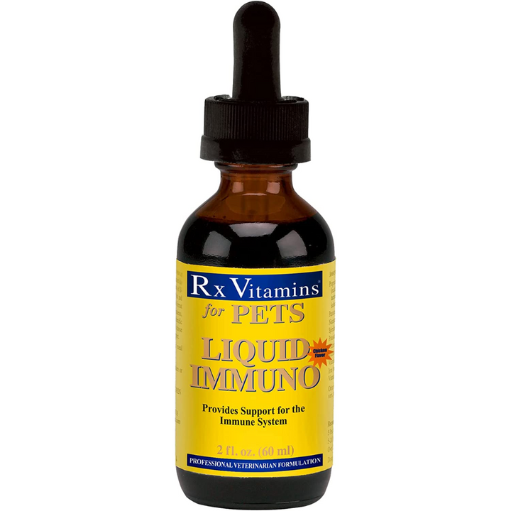 Rx Vitamins For Pets Liquid Immuno Chicken Supplement 2 oz bottle for dogs and cats, supports immune system health.