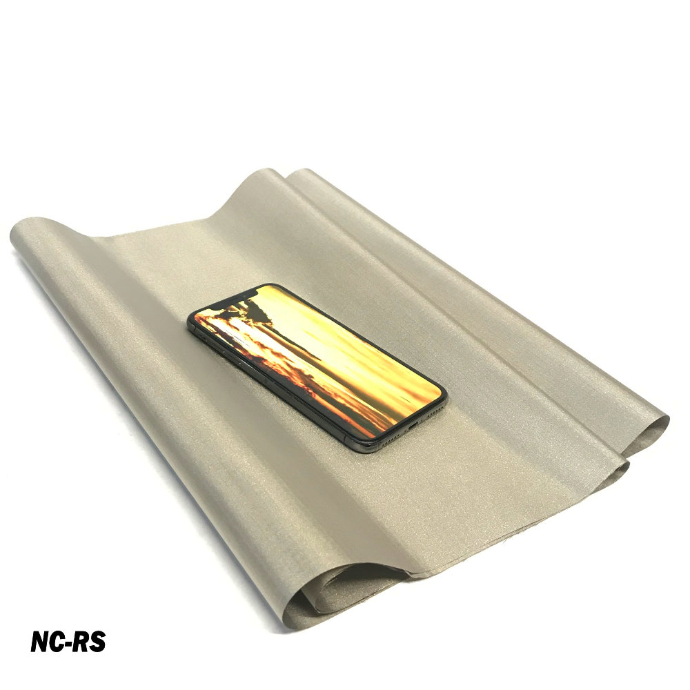Faraday Cyber NC-RS EMF RF Shielding Nickel Copper Fabric Roll with smartphone on top, demonstrating its protective qualities.
