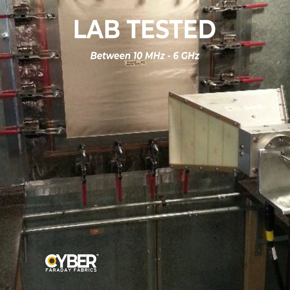 Faraday Cyber DX lab tested electromagnetic shielding between 10 MHz and 6 GHz with equipment and controls visible.