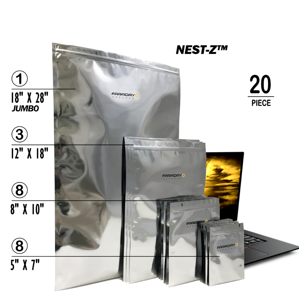 Faraday 20 PC Large Kit NEST-Z 7 Mil moisture barrier EMP bags in various sizes displayed next to a laptop.