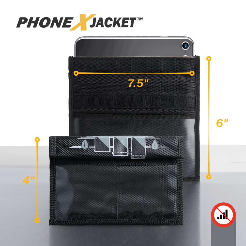 Faraday Jacket Forensic Cell Phone Triple Layer Fabric Bag shown with dimensions 7.5" x 6" and 4" x 4".