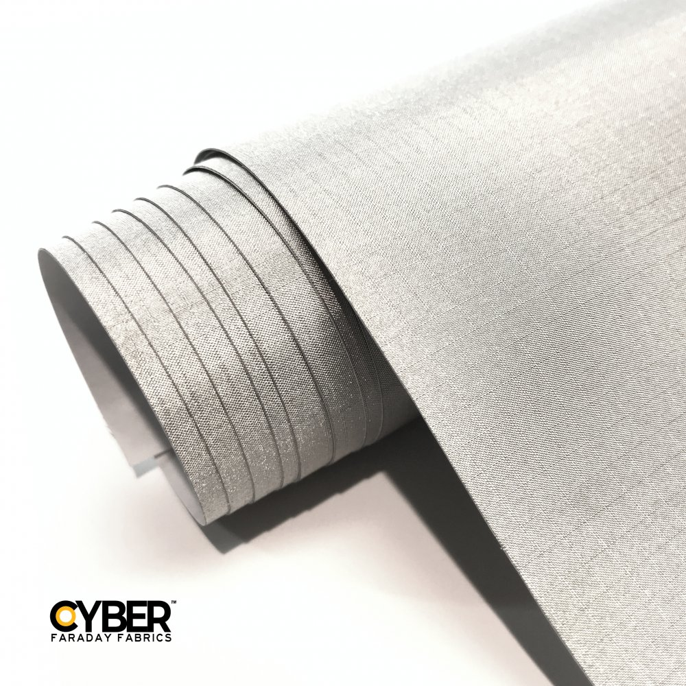 Faraday Cyber NC-RS-A Adhesive EMF RF Shielding Nickel Copper fabric roll with shiny silver finish.