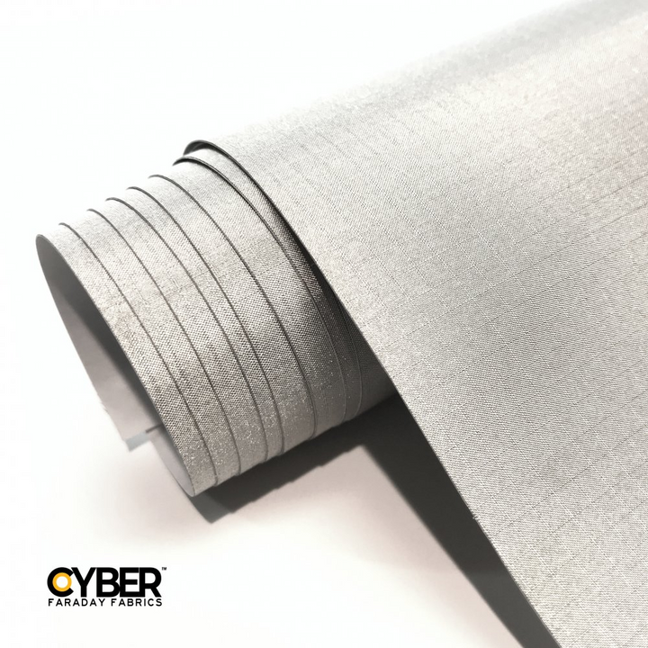 Faraday Cyber NC-RS-A Adhesive EMF RF Shielding Nickel Copper fabric roll with shiny silver finish.