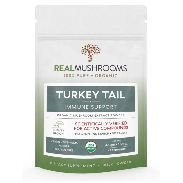 Real Mushrooms Turkey Tail Extract Powder 45g packaging for immune support, organic and scientifically verified quality.