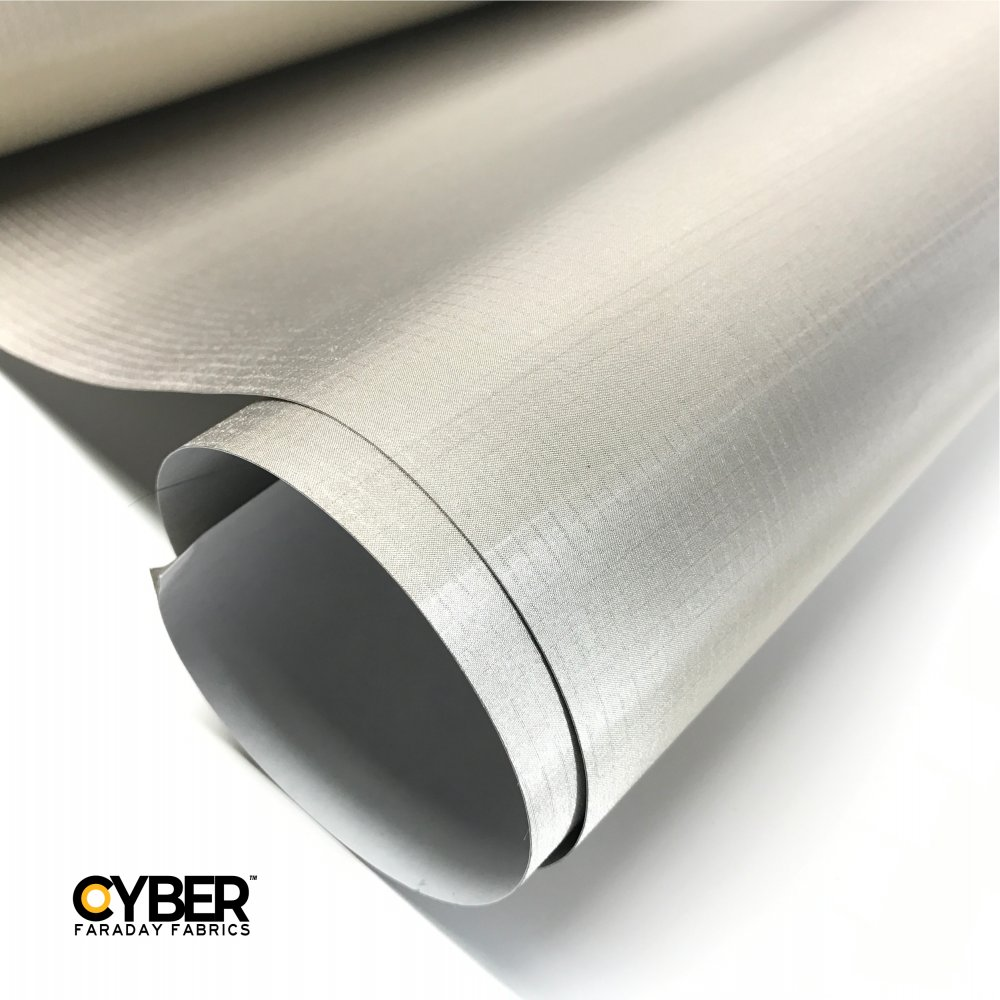 Faraday Cyber NC-RS-A Adhesive EMF RF Shielding Nickel Copper fabric showing adhesive backing in close-up.